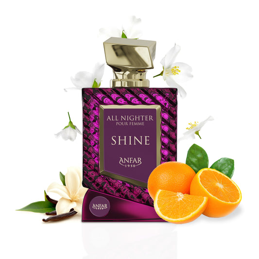 Anfar 1950 All Nighter Shine Pour Femme bottle with fragrance notes