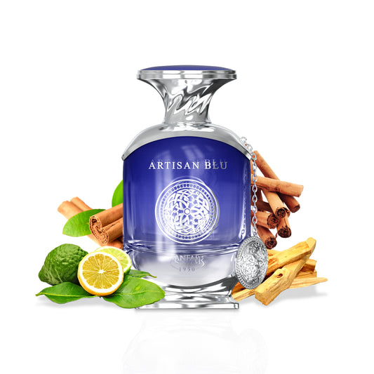 Anfar 1950 Artisan Blu bottle with fragrance notes