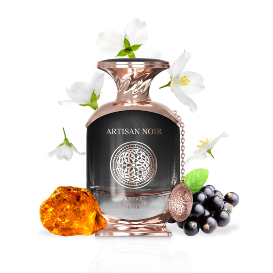 Anfar 1950 Artisan Noir bottle with fragrance notes