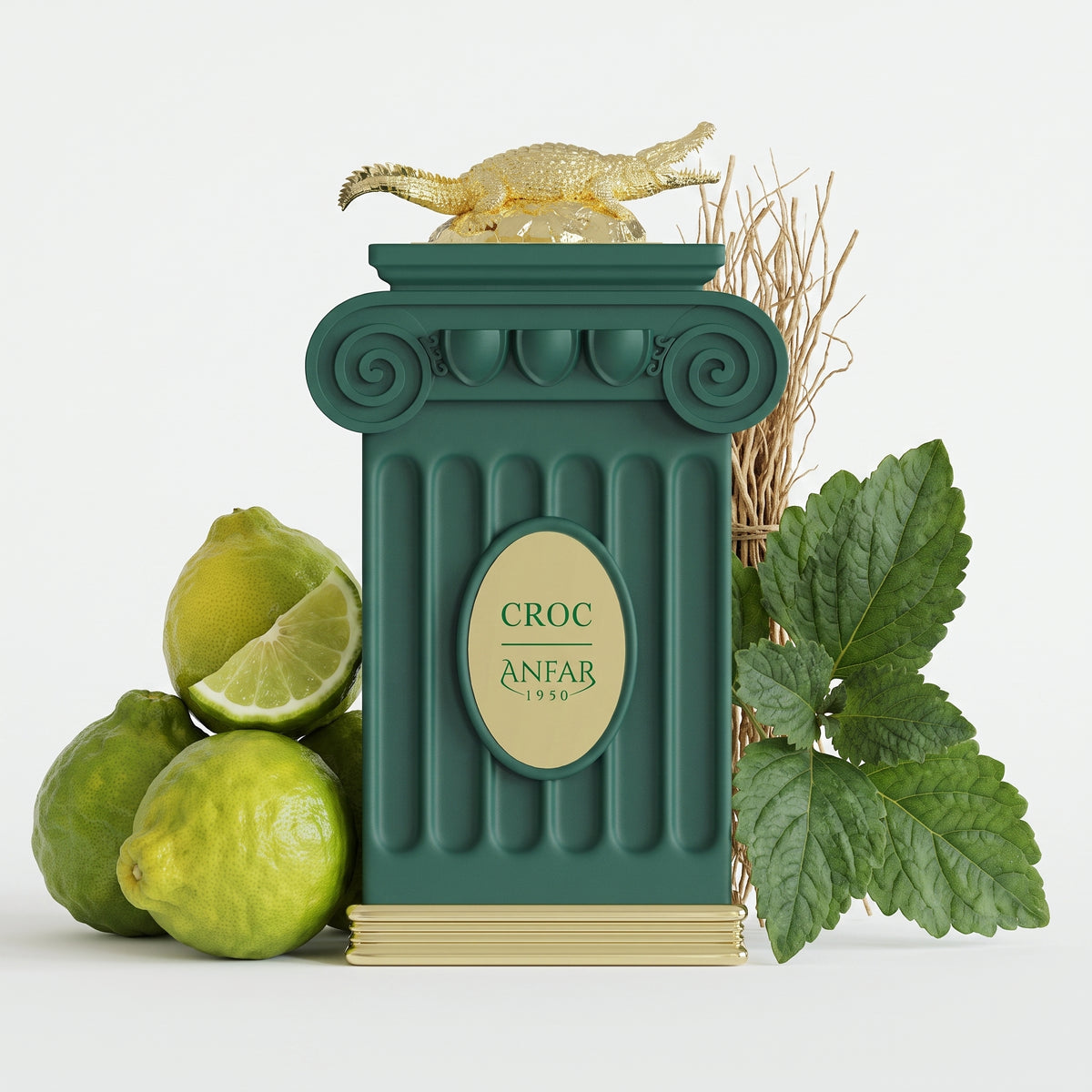 Anfar 1950 Croc bottle with fragrance notes