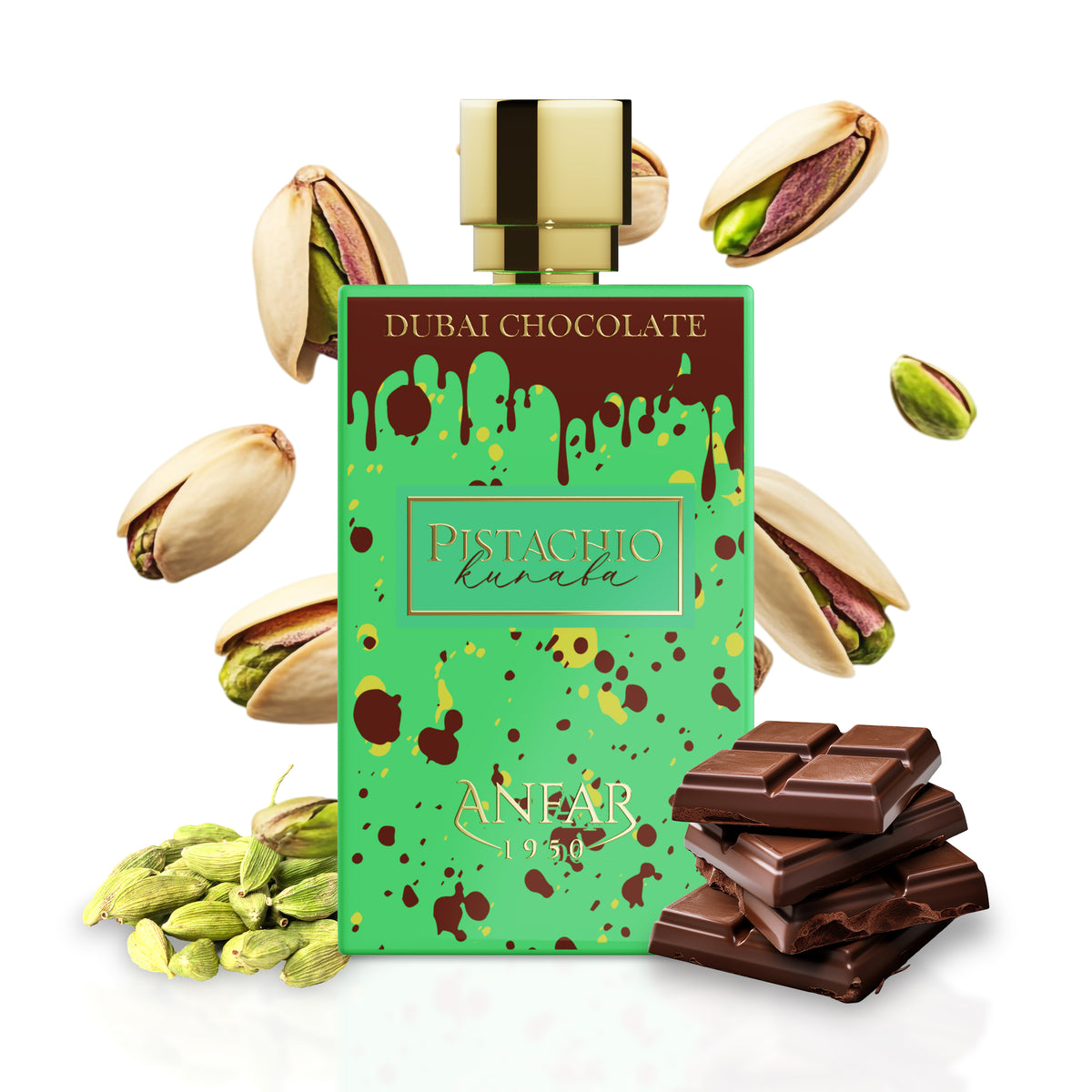 Anfar 1950 Pistachio Kunafa bottle with fragrance notes