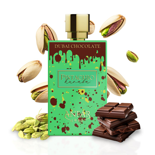 Anfar 1950 Pistachio Kunafa bottle with fragrance notes