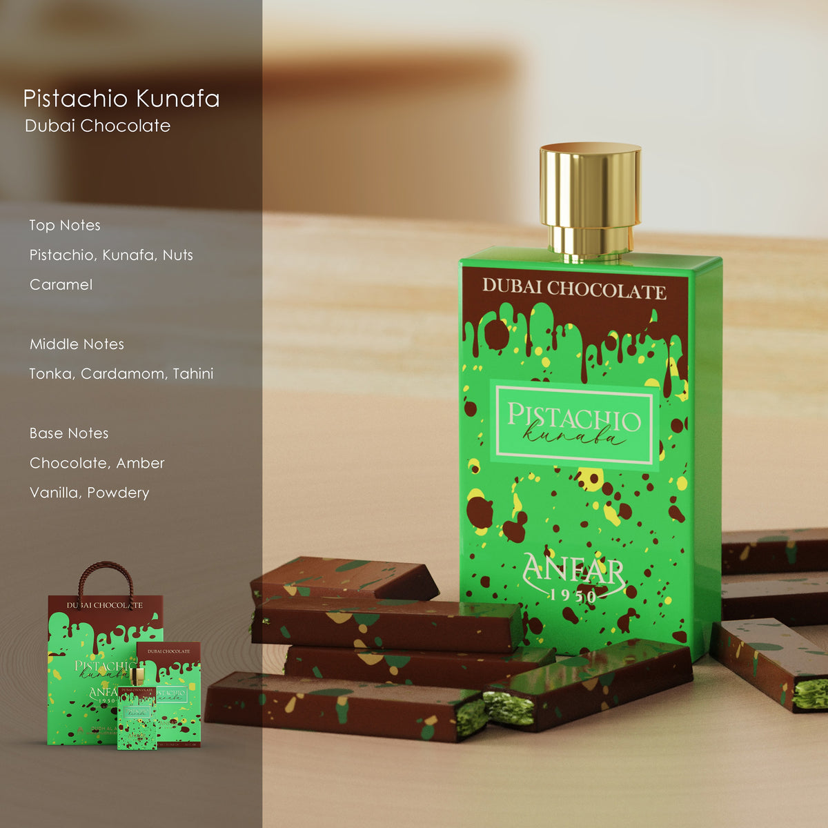 Anfar 1950 Pistachio Kunafa Eau de Parfum fragrance notes: top, heart and base notes