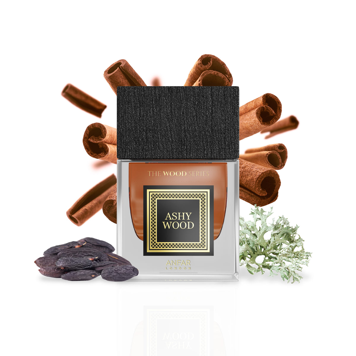 Anfar London Ashy Wood bottle with fragrance notes