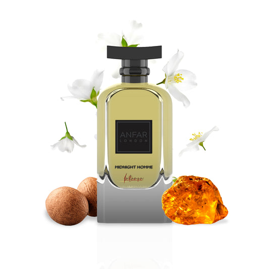 Anfar London Midnight Homme Intense bottle with fragrance notes