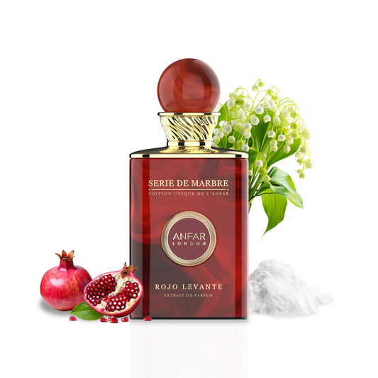 Anfar London Rojo Levante bottle with fragrance notes