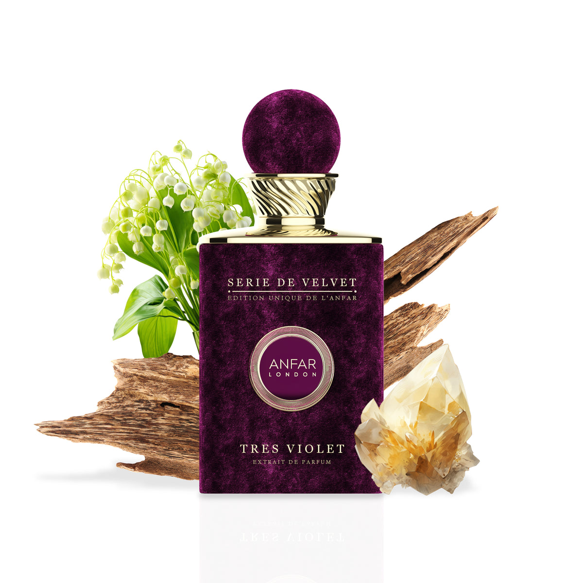 Anfar London Tres Violet bottle with fragrance notes